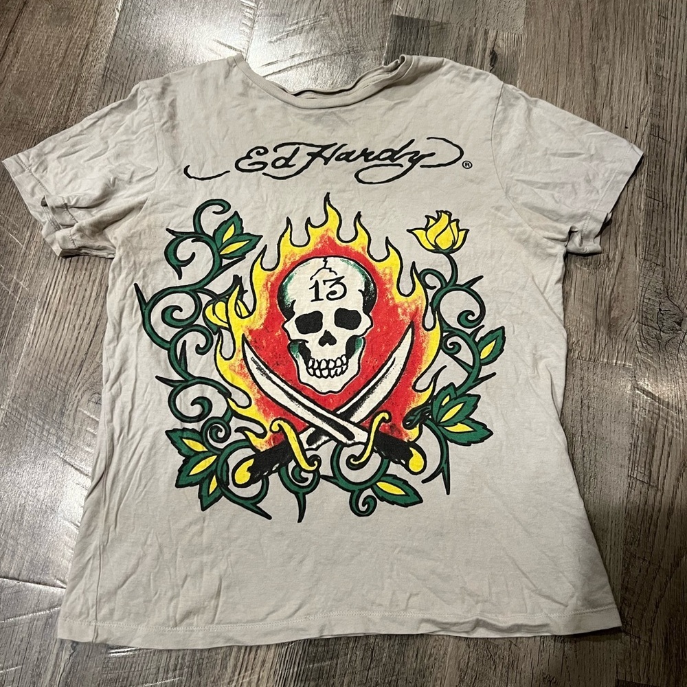 Ed Hardy Graphic Tee in Cream with Red, Yellow, Green - Picture 3 of 3